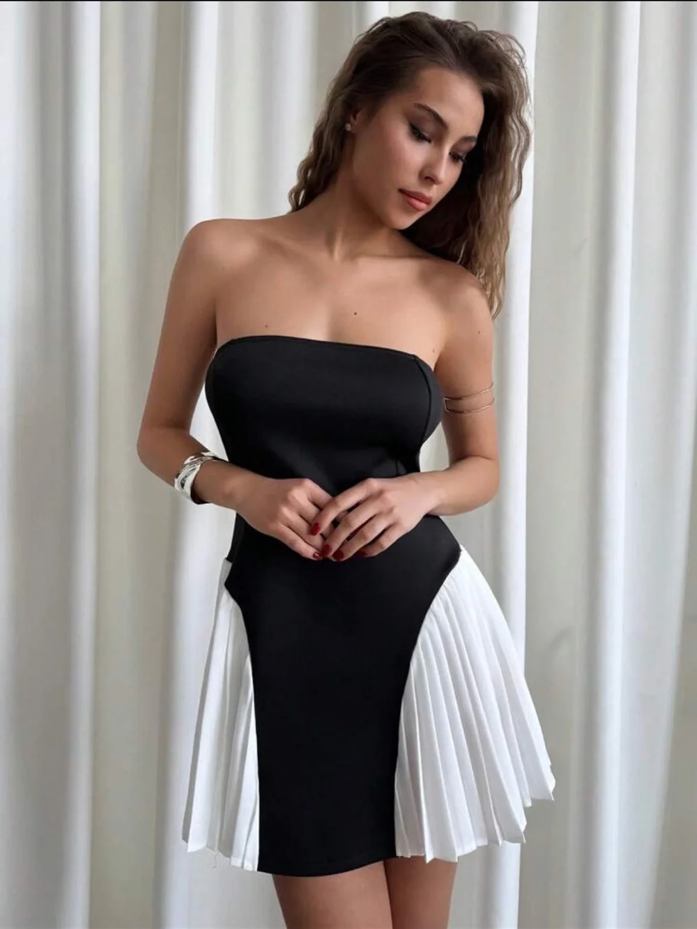 Strapless Black & White Pleated Mini Dress - Picture 6 of 6